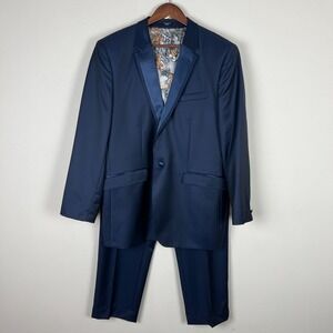 Ted Baker Tuxedo Shawl Lapel Men 46R 38x30 Navy Blue 1-Button 2-Piece Stripe Leg